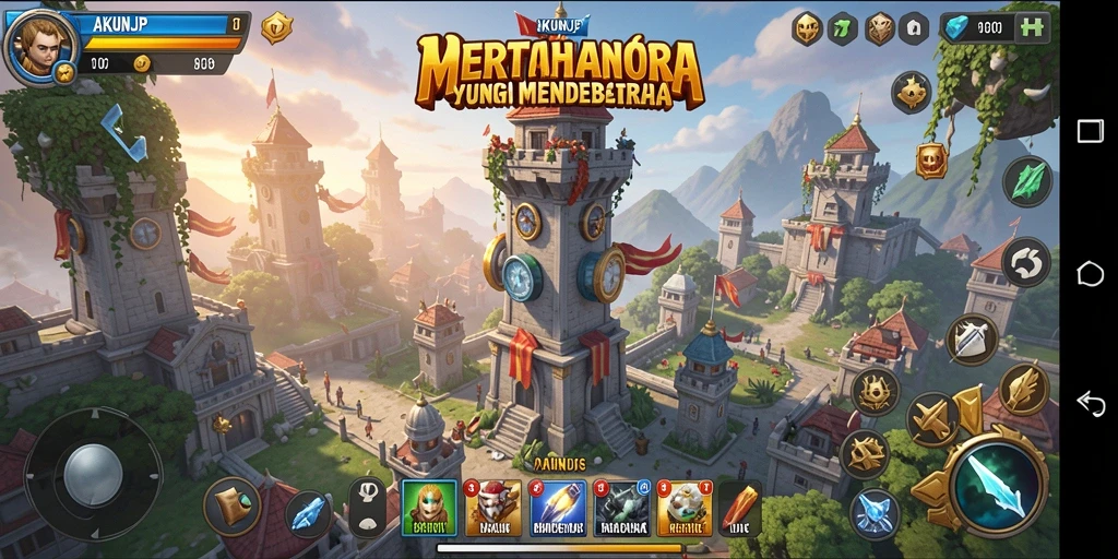 Tampilan gameplay AKUNJP menampilkan menara dan gelombang musuh yang mendebarkan.
