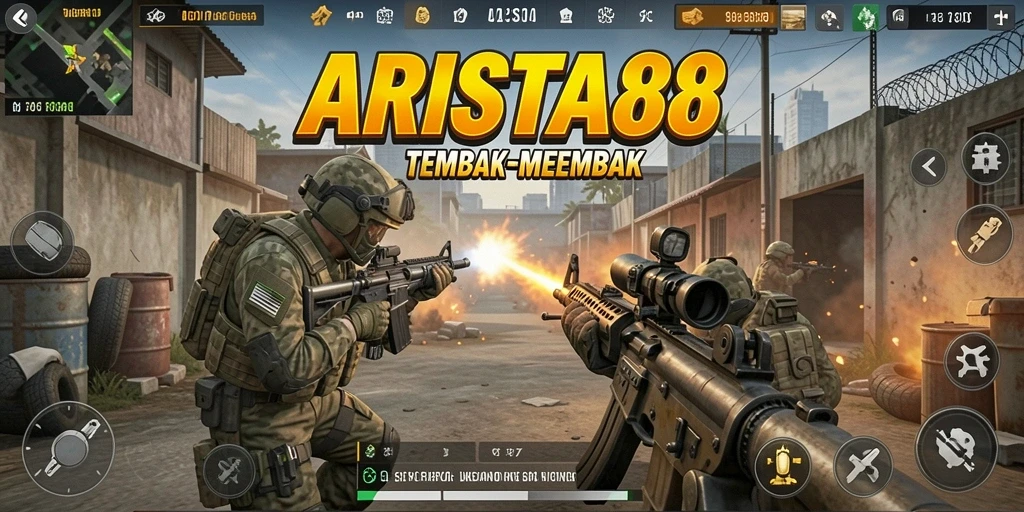 Screenshot gameplay ARISTA88 menampilkan aksi tembak-menembak yang intens.