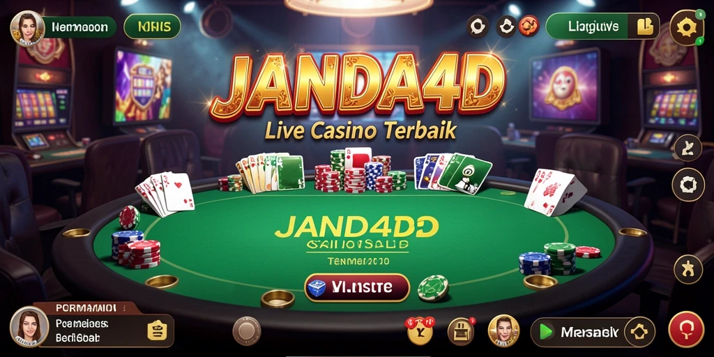 Screenshot dari gameplay JANDA4D dengan dealer live dan suasana kasino.