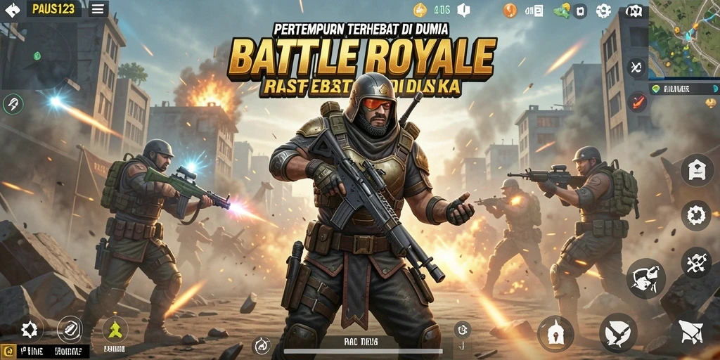 Screenshot utama PAUS123 menampilkan aksi seru dalam pertempuran Battle Royale.