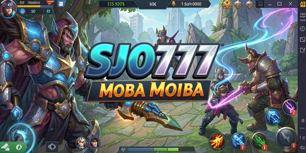 Screenshot gameplay SJO777 menampilkan pertarungan intens antara karakter-karakter MOBA.